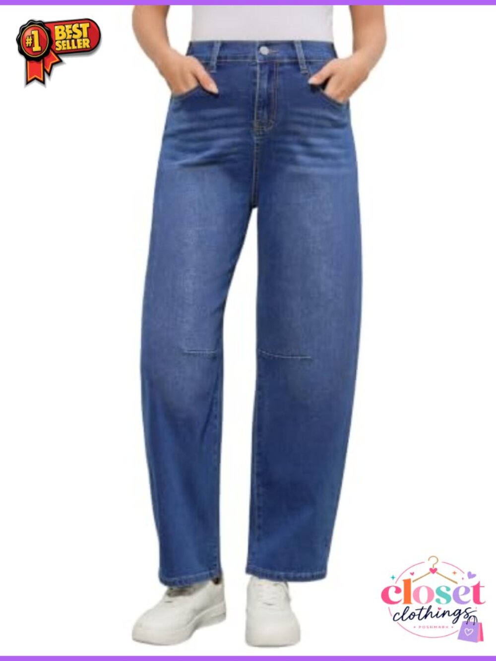 Maternity Barrel Jeans Mid-Rise Wide Leg Stretch Denim Adjustable Waist